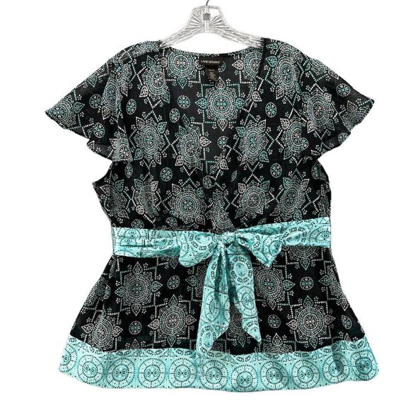 Lane Bryant Womens Plus Size 14/16 Black & Teal Belted Short Sleeve Top V Neck - Picture 1 of 11